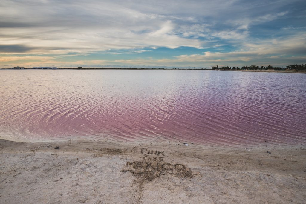 Las Coloradas, salt pink lagoon, beautiful pink water and clear blue sky near Rio Lagartos, Yucatan, Mexico