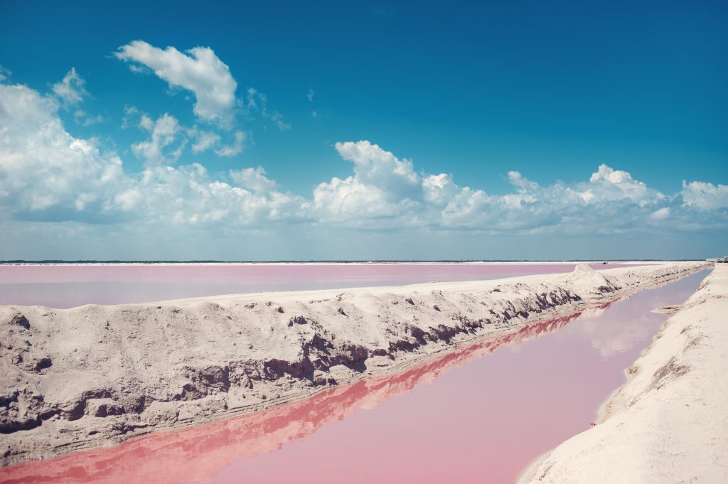 Landscape of stunning red water for salt production near Rio Lagartos, Mexico, las coloradas